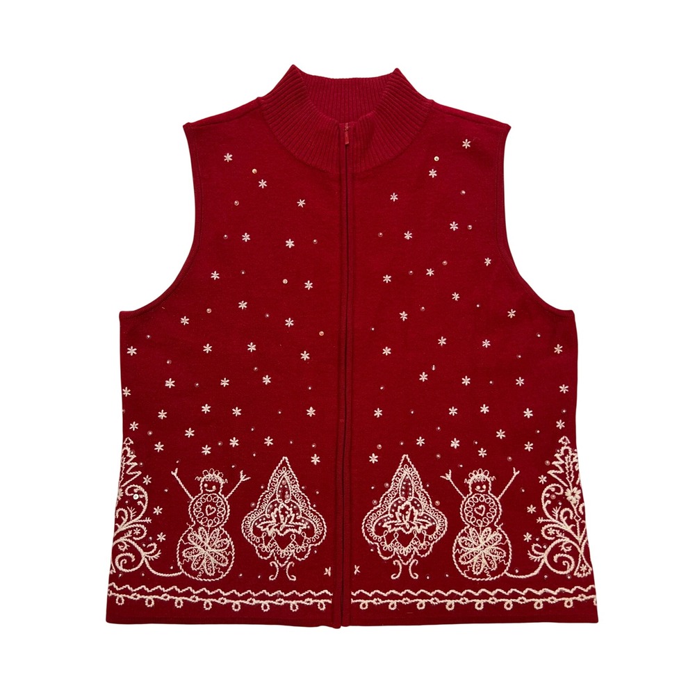 Talbots Petites Red 100% Merino Wool Snowman Embroidered Zip Up Sweater Vest L